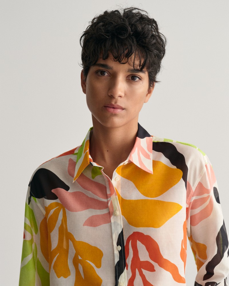 REL PALM PRINT COT SILK SHIRT