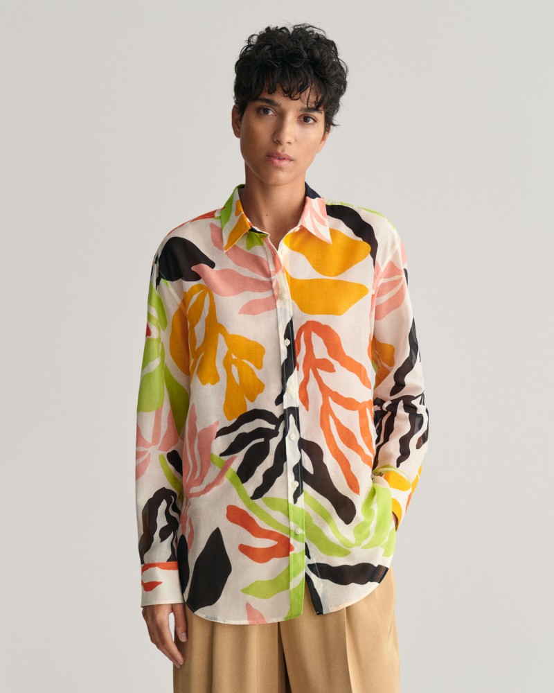 REL PALM PRINT COT SILK SHIRT