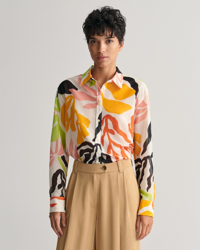 REL PALM PRINT COT SILK SHIRT