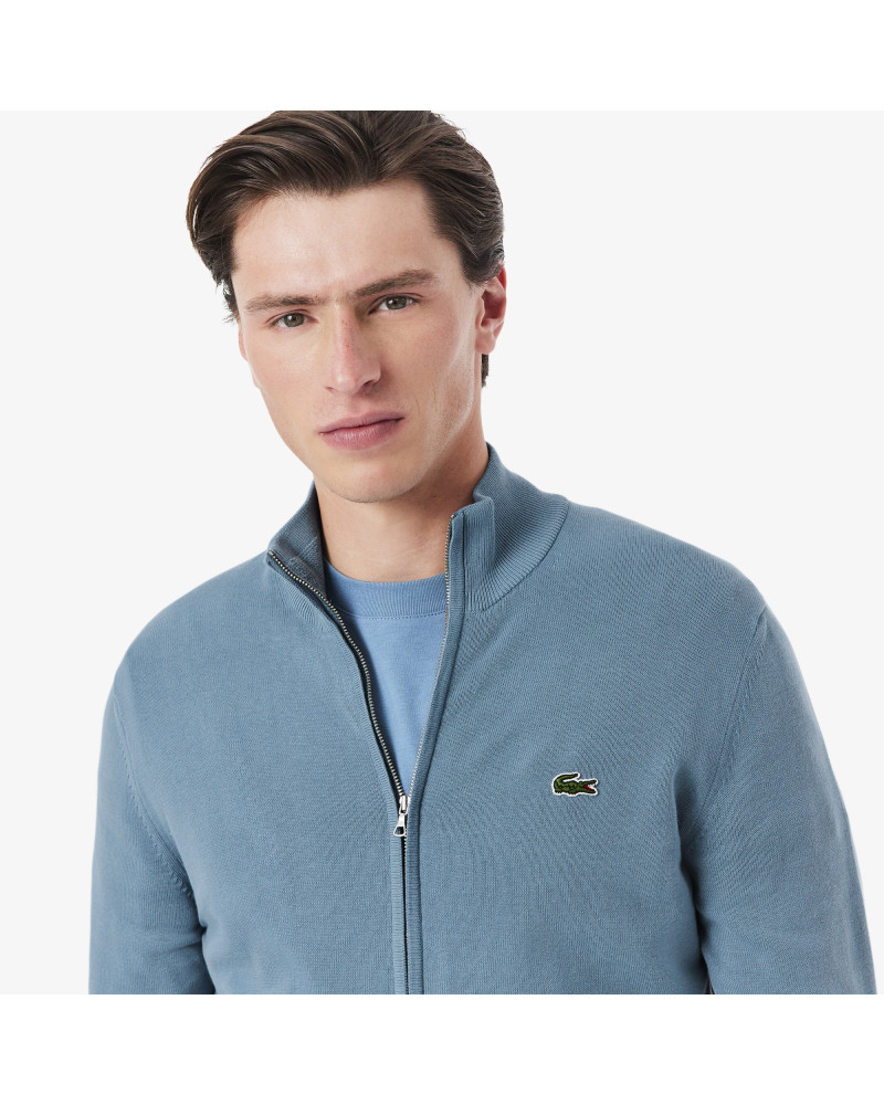 Pull zippé coton uni col montant