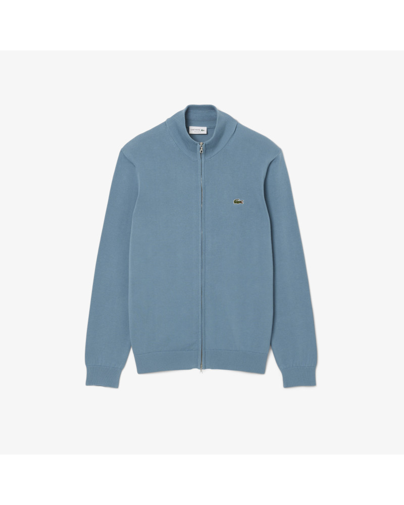Pull zippé coton uni col montant