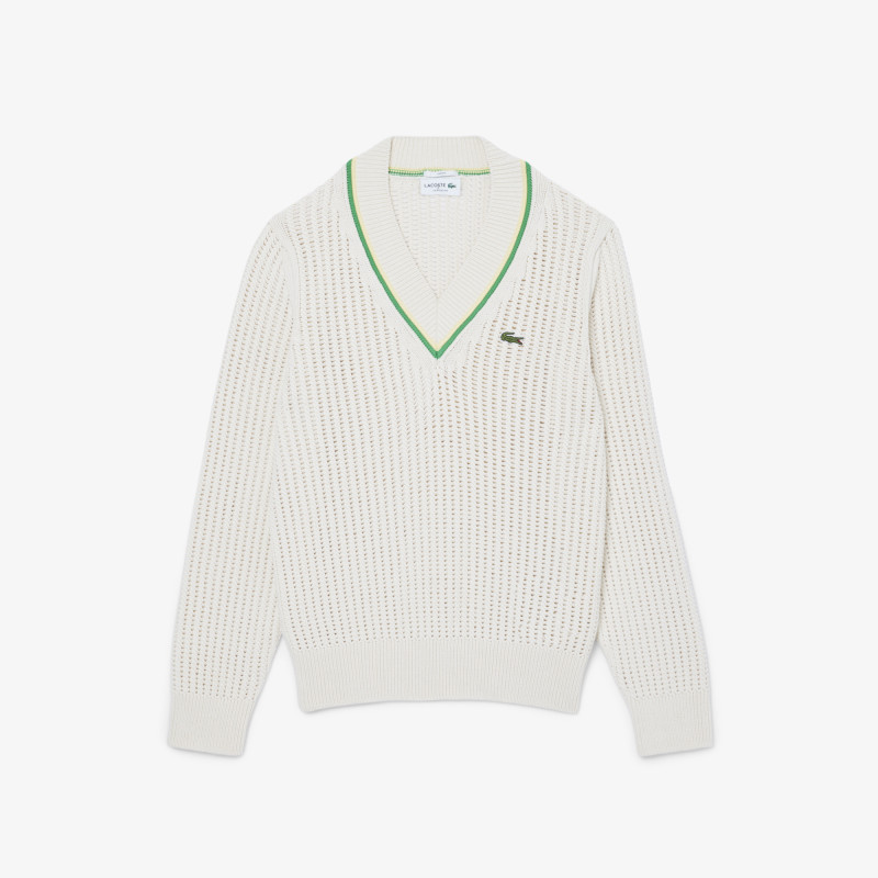 Pull tennis col V rayures