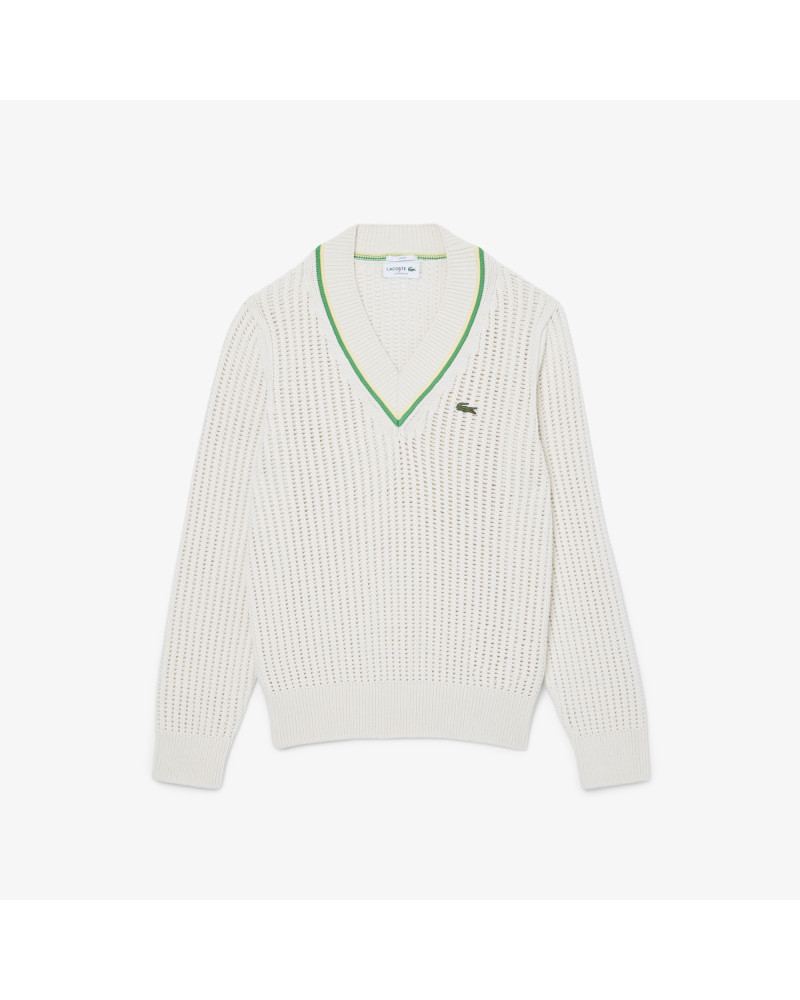 Pull tennis col V rayures