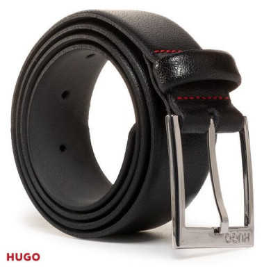 Ceinture en cuir grainé avec logo en métal argenté