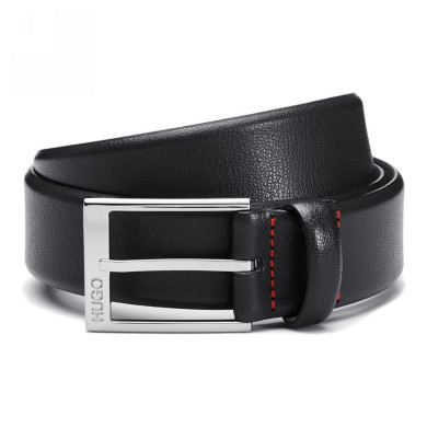 Ceinture en cuir grainé avec logo en métal argenté