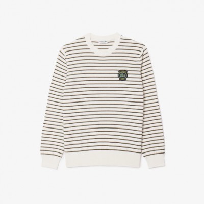 Pull col rond rayé en coton avec badge Lacoste