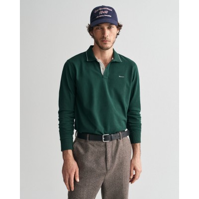 Textured Collar Long Sleeve Polo Shirt