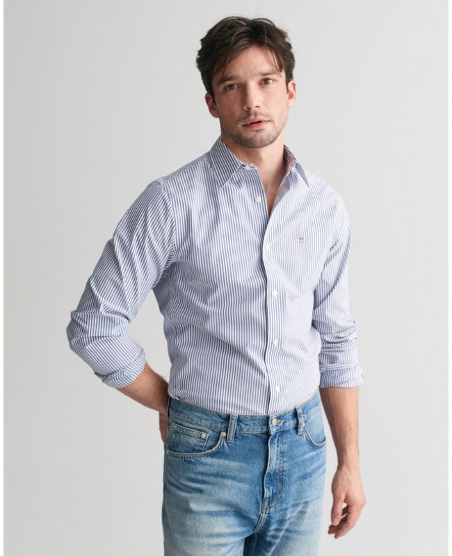 CHEMISE ﾀ RAYURES POPLIN SLIM STRETCH.