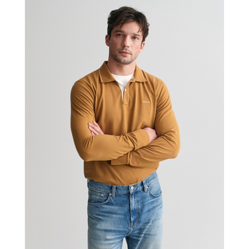 Textured Collar Long Sleeve Polo Shirt