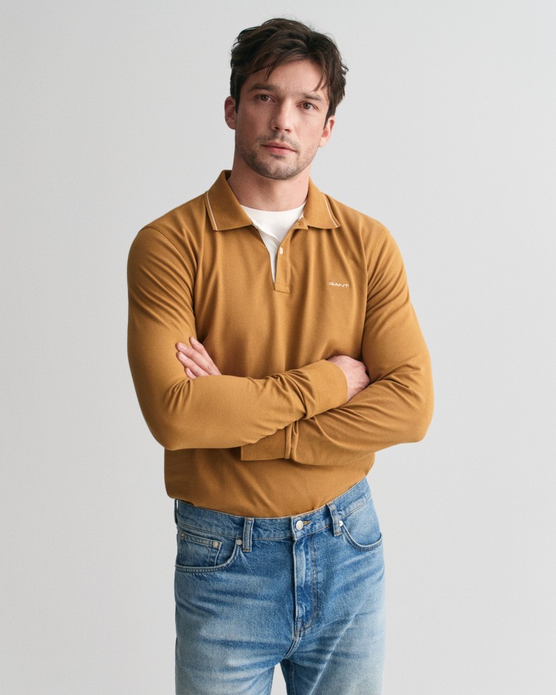 Textured Collar Long Sleeve Polo Shirt