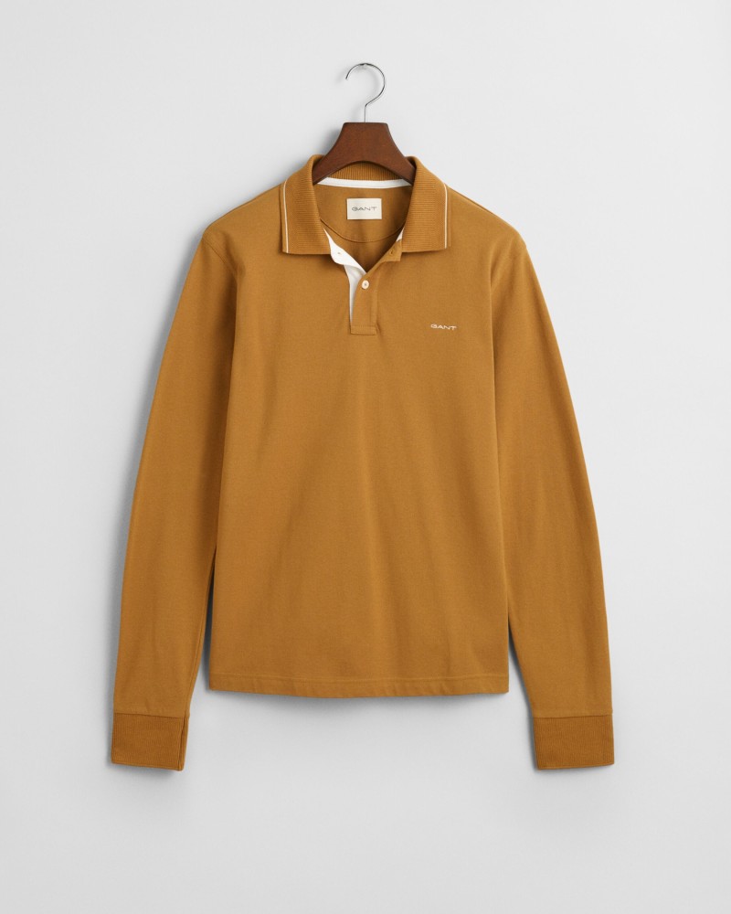 Textured Collar Long Sleeve Polo Shirt