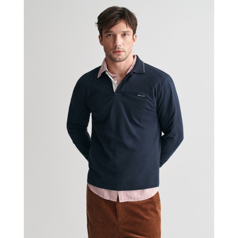 Textured Collar Long Sleeve Polo Shirt