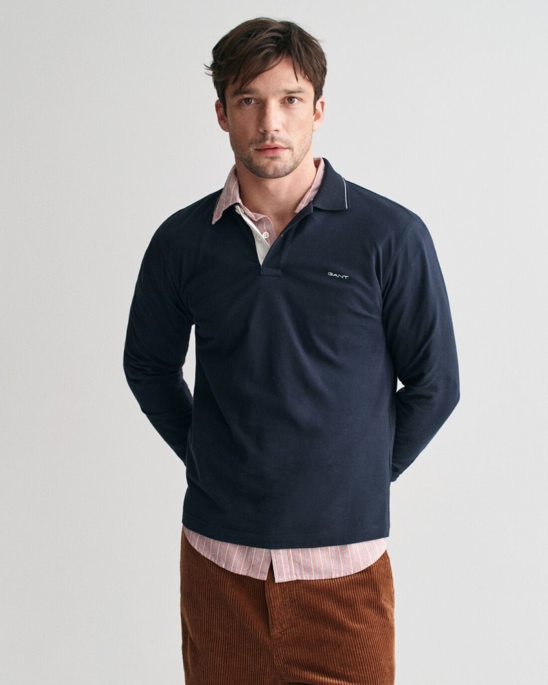 Textured Collar Long Sleeve Polo Shirt