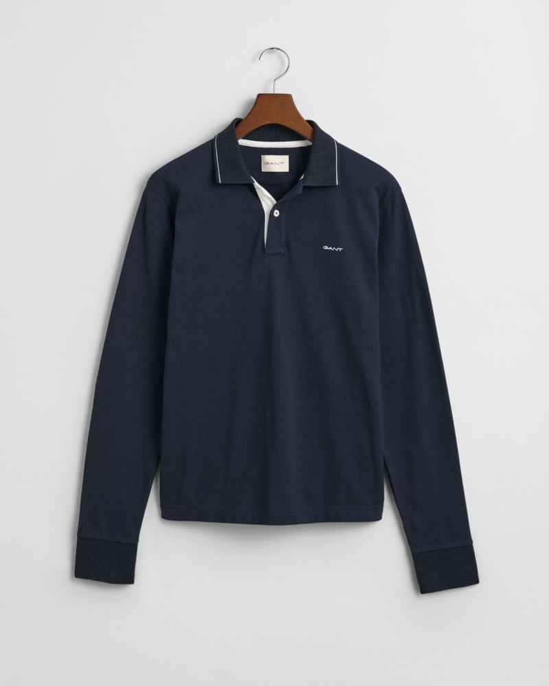 Textured Collar Long Sleeve Polo Shirt